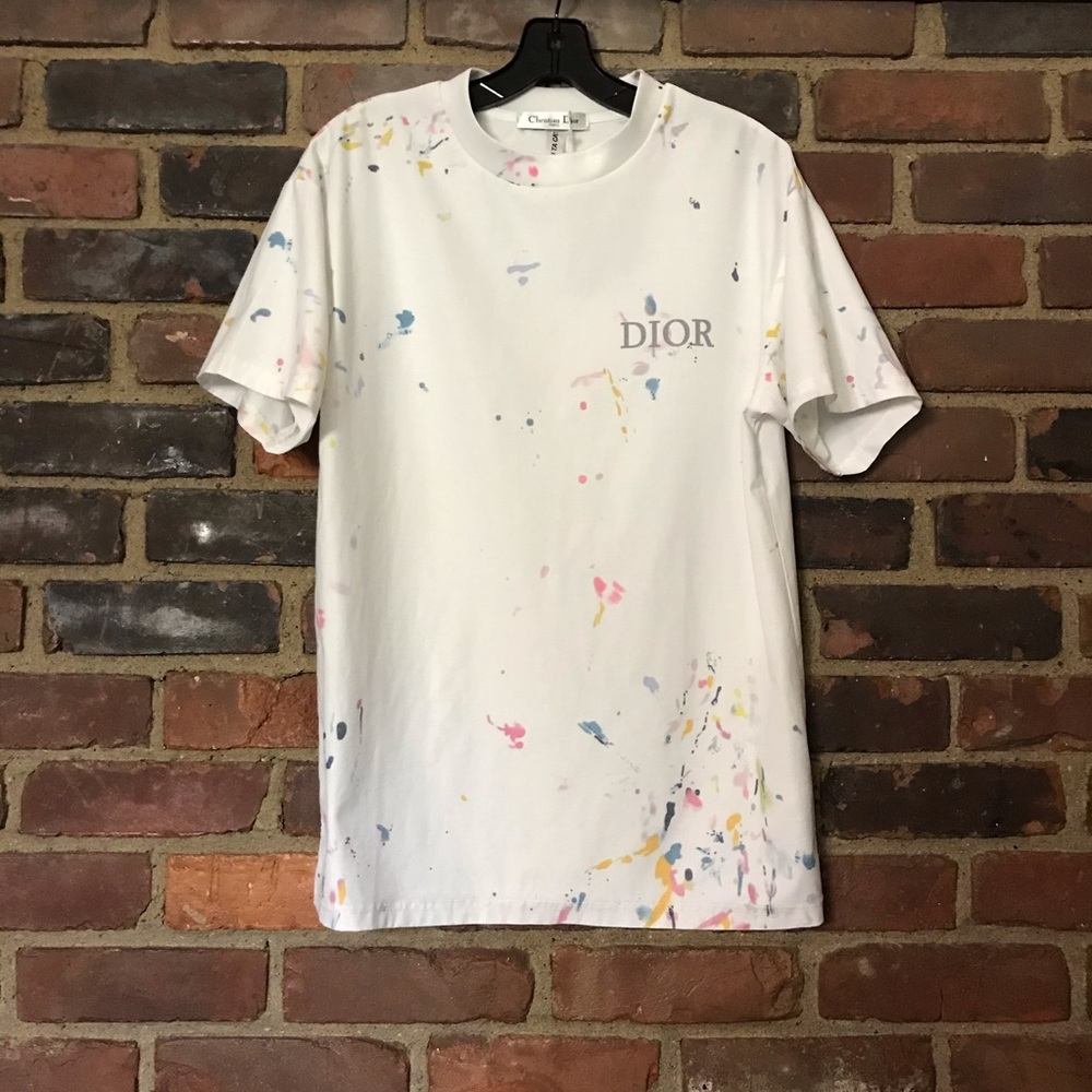 Dior Tee paint splatter street style shirt size medium -40 chest -26.5” long